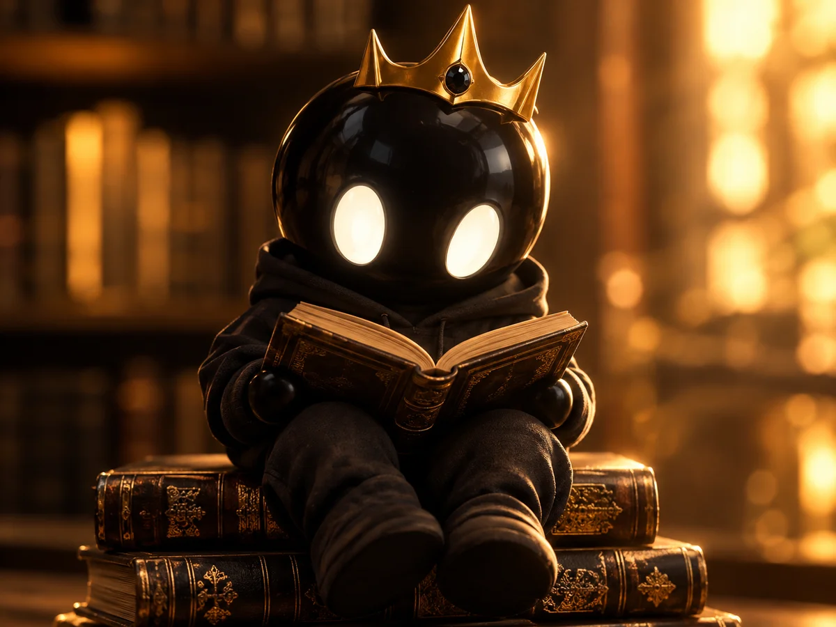 Mascota BreZ leyendo sobre una pila de libros en una biblioteca